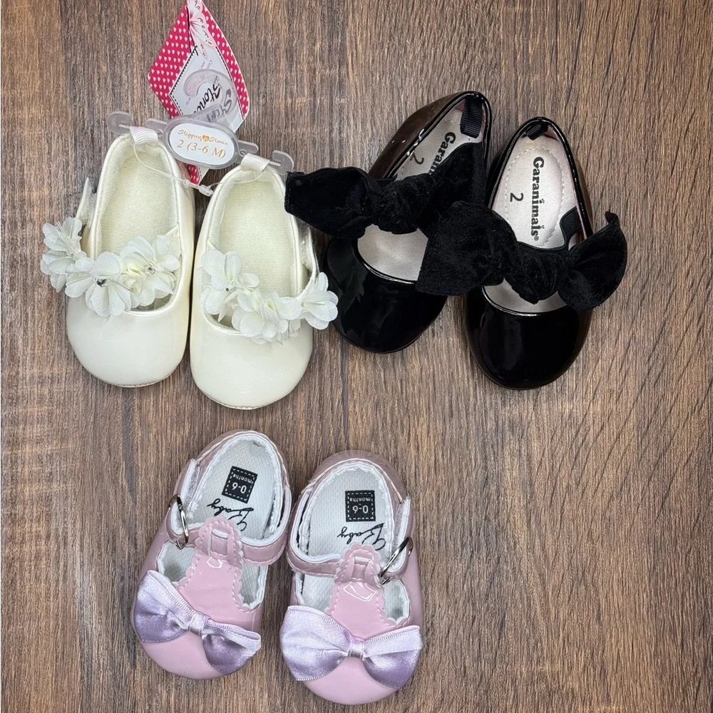 Pink black ivory baby girl formal dress shoes size 2 bows flowers 3-6 months